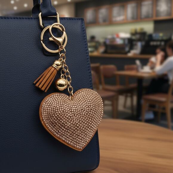 Accessories - 3/$25 - Rhinestone Heart Tassel Purse Charm Keychain Gold Tone